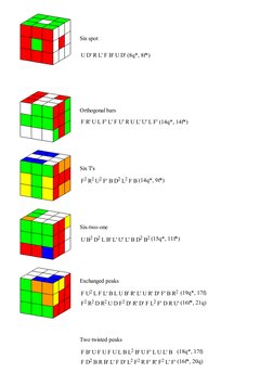 Six spot
U D' R L' F B' U D' (8q*, 8f*)
Orthogonal bars
F R' U L F' L' F U' R U L' U' L F' (14q*, 14f*)
Six T's
F2 R2 U2 F' B