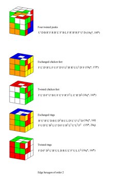 Four twisted peaks
U' D B R' F R B' L' F' B L F R' B' R F' U' D (18q*, 18f*)
Exchanged chicken feet
F L' D' B' L F U F' D' F