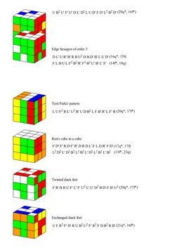 U B2 U' F' U' D L' D2 L U D' F D' L2 B2 D' (20q*, 16f*)
Edge hexagon of order 3
D L' U R' B' R B U2 D B D' B' L U D' (16q*, 1