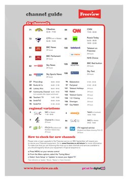 CBeebies 
06:00 - 19:00
CITV (not in Wales) 
06:00 - 18:00
BBC News 
24 hours 
BBC Parliament 
24 hours 
Sky News 
24 hours
S