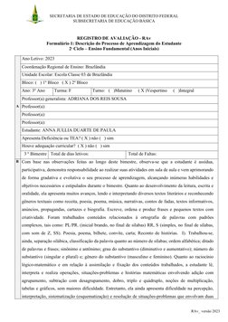 SECRETARIA DE ESTADO DE EDUCAÇÃO DO DISTRITO FEDERAL
SUBSECRETARIA DE EDUCAÇÃO BÁSICA
REGISTRO DE AVALIAÇÃO - RAv
Formulário