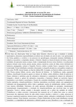 SECRETARIA DE ESTADO DE EDUCAÇÃO DO DISTRITO FEDERAL
SUBSECRETARIA DE EDUCAÇÃO BÁSICA
REGISTRO DE AVALIAÇÃO - RAv
Formulário