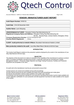 Document Reference:  VACBF rev:1 Revision Date: 09/05/2020
Page 1 of 21
VENDOR / MANUFACTURER AUDIT REPORT
Audit Report Numbe