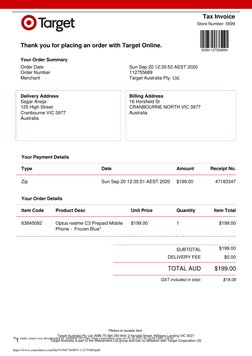 Tax Invoice
Store Number: 5599
55991127556894
Thank you for placing an order with Target Online.
Your Order Summary
Order D