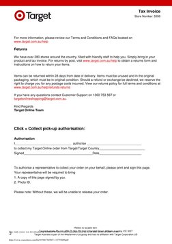 Tax Invoice
Store Number: 5599
For more information, please review our Terms and Conditions and FAQs located on
www.target.co