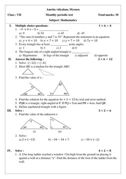 Amrita vidyalam, Mysuru 
Class : VII                                 Monthly periodic test                                  T