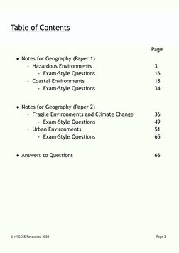 Table of Contents
Page
●Notes for Geography (Paper 1)
- Hazardous Environments
3
- Exam-Style Questions
16
- Coastal Environm