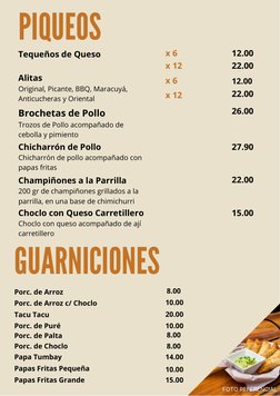 FOTO REFERENCIAL
PIQUEOS
GUARNICIONES
Tequeños de Queso
Alitas
Original, Picante, BBQ, Maracuyá,
Anticucheras y Oriental
Chic
