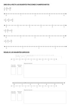 UBICA EN LA RECTA LAS SIGUIENTES FRACCIONES O NUMEROS MIXTOS:
RESUELVE LOS SIGUIENTES EJERCICIOS
