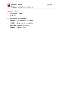 NOV 2023
            Far Eastern University
            Institute of Architecture and Fine Arts
Table of Contents
4.1 Site Se