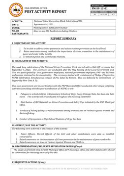 Document Code
FM-SP-12-01
Rev. No.
Eff. Date
Page
00
02.01.18
1 of 2
DILG CENTRAL OFFICE
POST ACTIVITY REPORT
ACTIVITY:
 Nati