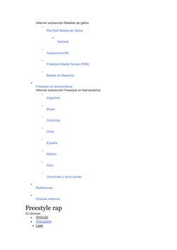 Alternar subsección Batallas de gallos
o
Red Bull Batalla de Gallos

Historial
o
Supremacía MC
o
Freestyle Master Series (FM