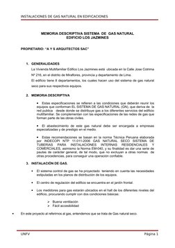 INSTALACIONES DE GAS NATURAL EN EDIFICACIONES
MEMORIA DESCRIPTIVA SISTEMA  DE  GAS NATURAL
EDIFICIO LOS JAZMINES
PROPIETARIO: