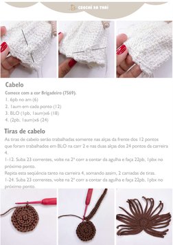 Comece com a cor Brigadeiro (7569).
1. 6pb no am (6)
2. 1aum em cada ponto (12)
3. BLO (1pb, 1aum)x6 (18)
4. (2pb, 1aum)x6 (2