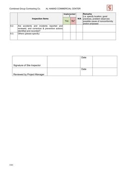 Combined Group Contracting Co.         AL HAMAD COMMERCIAL CENTER
Inspection Items
Implemented
?
N/A
Remarks
(i.e. specify lo