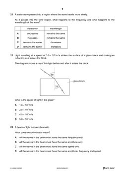 9 
 
 
© UCLES 2021 
0625/23/M/J/21 
[Turn over 
21 A water wave passes into a region where the wave travels more slowly.
