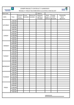 URMPP PROJECT CONTRACT # 6600050691
                      WEEKLY TOILET/BATHROOM CLEANING CHECKLIST