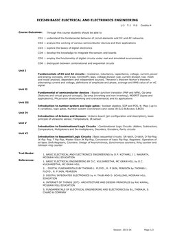 ECE249:BASIC ELECTRICAL AND ELECTRONICS ENGINEERING
Course Outcomes:
CO1 :: understand the fundamental behavior of circuit el