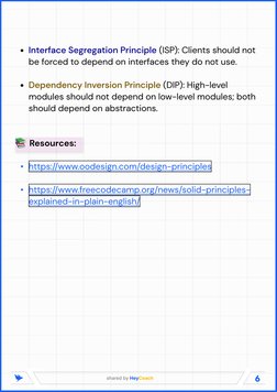 6
shared by HeyCoach
=
 (ISP): Clients should not 
be forced to depend on interfaces they do not use
=
 (DIP): High-level 
m