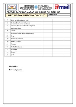 EPCC-20 PACKAGE – ARAB MIX CRUDE OIL PIPELINE 
FIRST AID BOX INSPECTION CHECKLIST 
 APPENDIX-B 
 
 
22 
Boric Acid Pow
