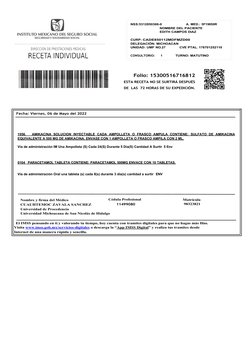 2258
Folio: 15300516716812 
ESTA RECETA NO SE SURTIRÁ DESPUÉS
DE  LAS  72 HORAS DE SU EXPEDICIÓN.
        
        El IMSS pe