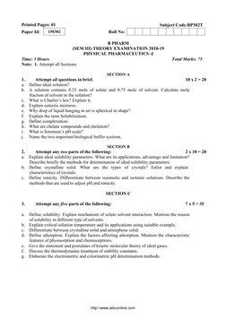 B.Pharm 3rd Sem Question Paper 2020-21 | PDF | Solubility | Benzene