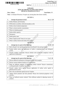 B.Pharm 3rd Sem Question Paper 2020-21 | PDF | Solubility | Benzene