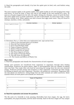 A. Read the paragraphs and classify it by how the spider gets its food, web, and habitat using
the table.
Spider
The most com