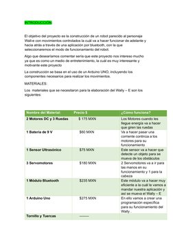 INTRODUCCIÓN:   
  
El objetivo del proyecto es la construcción de un robot parecido al personaje 
Wall-e con movimientos con