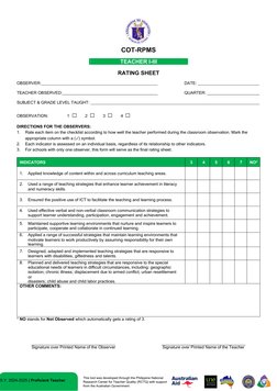 COT Rating Sheet for Proficient Teachers 2025 | PDF | Learning | Teachers