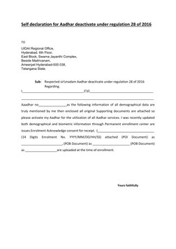 Uidai Self Deceration Aadhar Deactivation Request Under Regulation 28 | PDF