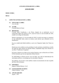 ANÁLISIS LITERARIO DE LA OBRA
AVES SIN NIDO
DEDICATORIA
IDEAS
I.
ASPECTOS GENERALES DE LA OBRA
I.1.
TITULO DE LA OBRA
Aves si