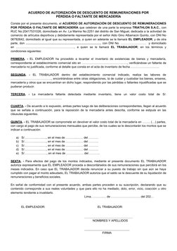 ACUERDO DE AUTORIZACIÓN DE DESCUENTO DE REMUNERACIONES POR 
PÉRDIDA O FALTANTE DE MERCADERÍA 
Conste por el presente document