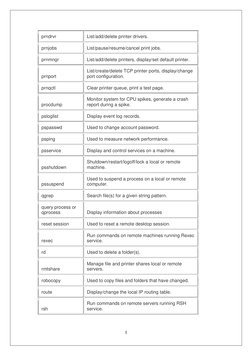 I
 
 
prndrvr 
List/add/delete printer drivers. 
prnjobs 
List/pause/resume/cancel print jobs. 
prnmngr 
List/add/delete pr