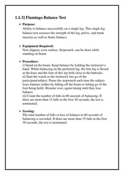 1.1.3] Flamingo Balance Test  
 Purpose:  
Ability to balance successfully on a single leg. This single leg 
balance test as