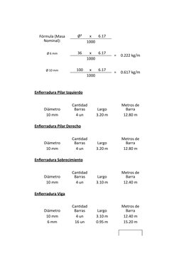 Ø²
x
6.17
1000
Ø 6 mm
36
x
6.17
=
0.222 kg/m
1000
Ø 10 mm
100
x
6.17
=
0.617 kg/m
1000
Enfierradura Pilar Izquierdo
Diámetro