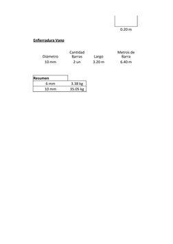 0.20 m
Enfierradura Vano
Diámetro
Largo
10 mm
2 un
3.20 m
6.40 m
Resumen
6 mm
3.38 kg
10 mm
35.05 kg
Cantidad 
Barras
Metros
