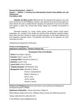Q1 SHS Personal Development Module 1 | PDF | Self Concept | Learning