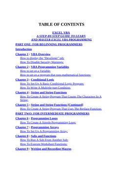 TABLE OF CONTENTS
EXCEL VBA 
A STEP-BY-STEP GUIDE TO LEARN 
AND MASTER EXCEL VBA PROGRAMMING
PART ONE: FOR BEGINNING PROGRAMM