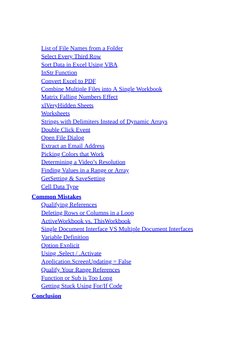 List of File Names from a Folder
Select Every Third Row
Sort Data in Excel Using VBA
InStr Function
Convert Excel to PDF
Comb