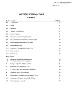 Page No. VII
INSPECTION OF STORAGE TANKS