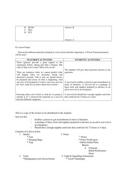 B.
DENR
C.
DFA
D.
DTI
Answer: B
Answer: A
B. Lesson Proper
     Discuss the different materials included in a survival kit an