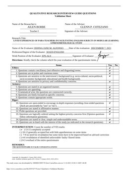 QUALITATIVE RESEARCH INTERVIEW GUIDE QUESTIONS
Validation Sheet
Name of the Researcher/s:
Name of the Adviser:
AILEN BORBE
GL