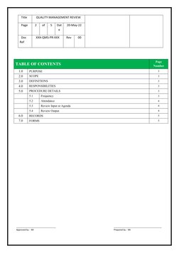 QUALITY MANAGEMENT REVIEW   
  Title
20-May-22
Dat
e
5
of
2
  Page
00
Rev
XXX-QMS-PR-XXX
  Doc 
Ref
TABLE OF CONTENTS
Page
Nu