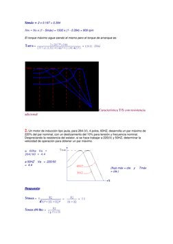 Stmáx = 2 x 0.197 = 0.394  
Nm = Ns x (1 - Smáx) = 1500 x (1 - 0.394) = 909 rpm 
El torque máximo sigue siendo el mismo pero