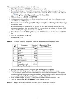 7 
 
 
After completion of worksheet, perform the following: 
a. 
Place Title (Budget of HCM RIPA) in the centre of the table