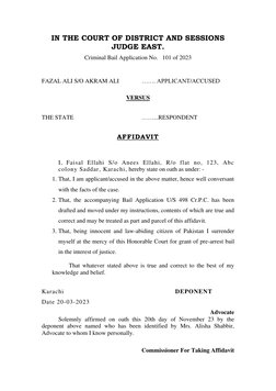 IN THE COURT OF DISTRICT AND SESSIONS 
JUDGE EAST. 
Criminal Bail Application No.   101 of 2023 
 
FAZAL ALI S/O AKRAM ALI