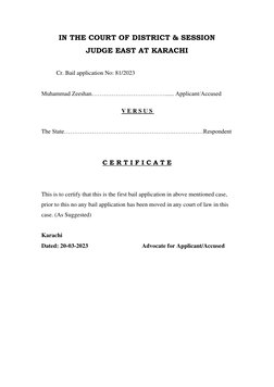 IN THE COURT OF DISTRICT & SESSION 
JUDGE EAST AT KARACHI 
 
          Cr. Bail application No: 81/2023 
 
Muhammad Zeeshan……