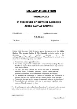 MA LAW ASSOCIATION 
VAKALATNAMA 
IN THE COURT OF DISTRICT & SESSION 
JUDGE EAST AT KARACHI 
 
Faisal Ellahi …………….………………. App