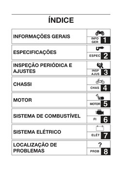 ÍNDICE
 INFORMAÇÕES GERAIS
 ESPECIFICAÇÕES
 INSPEÇÃO PERIÓDICA E 
 AJUSTES
 CHASSI
 MOTOR
 SISTEMA DE COMBUSTÍVEL
 SISTEMA EL